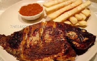 Fried yam with grilled fish and pepper sauce