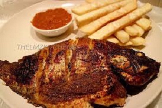 Fried yam with grilled fish and pepper sauce